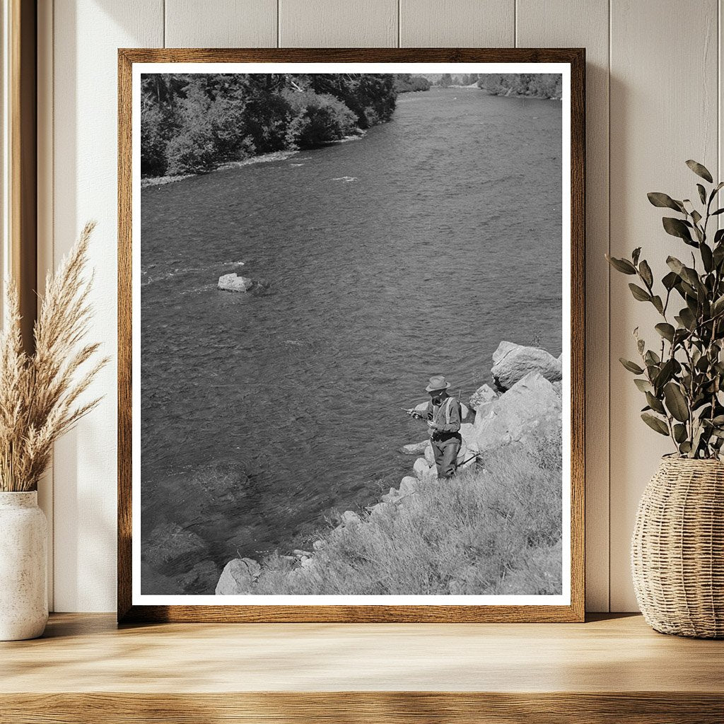Fisherman and Dog at Salmon River Idaho August 1942
