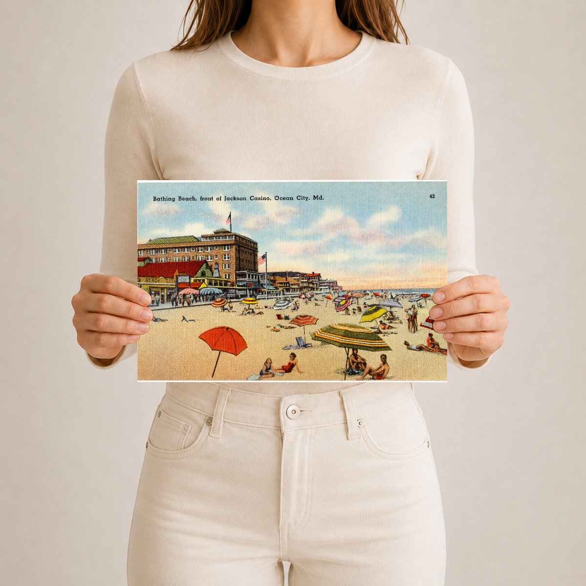 Bathing Beach, front of Jackson Casino, Ocean City, MD — Vintage Maryland Postcard