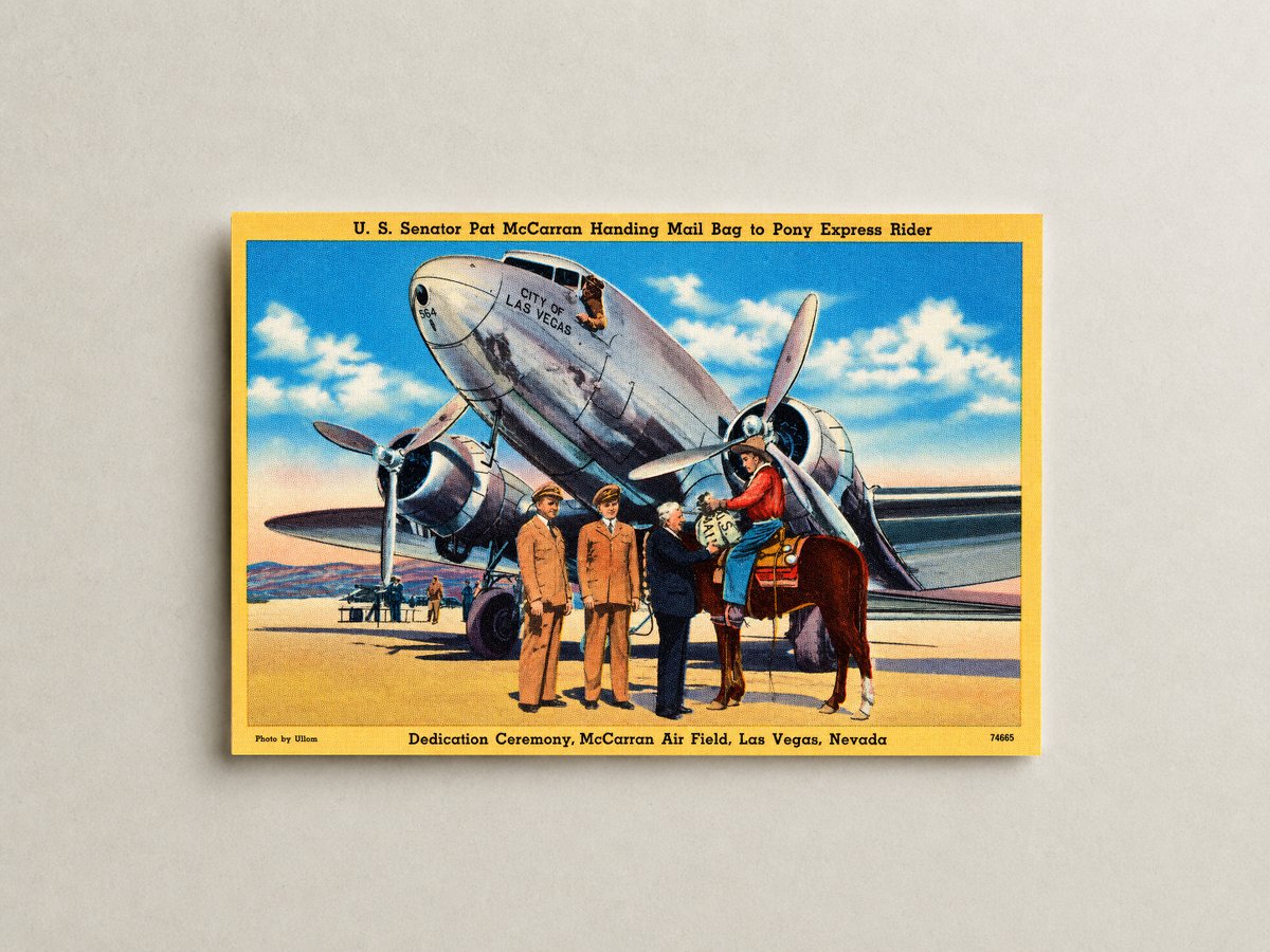 Las Vegas, NV: U.S. Senator Pat McCarran handing mail bag to Pony Express rider, Dedication Ceremony, McCarran Air Field