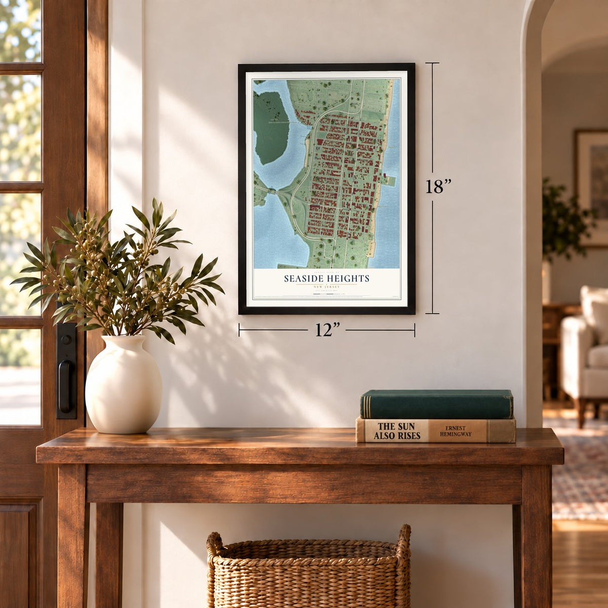 Seaside Heights, New Jersey map, 12 x 18 inch print in a black frame in an entryway