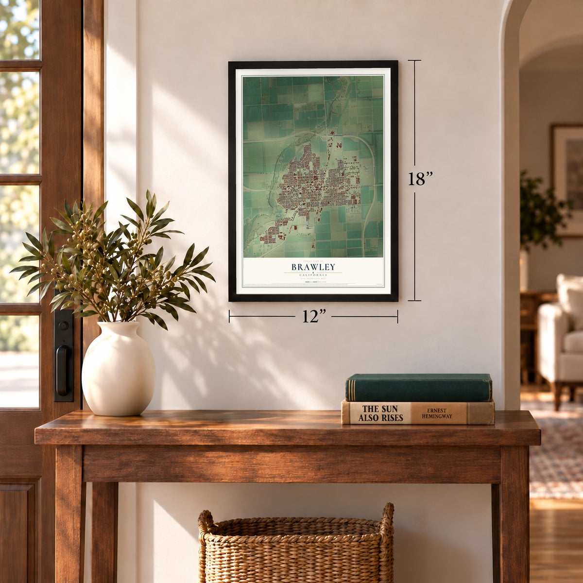 Brawley, California map, 12 x 18 inch print in a black frame in an entryway