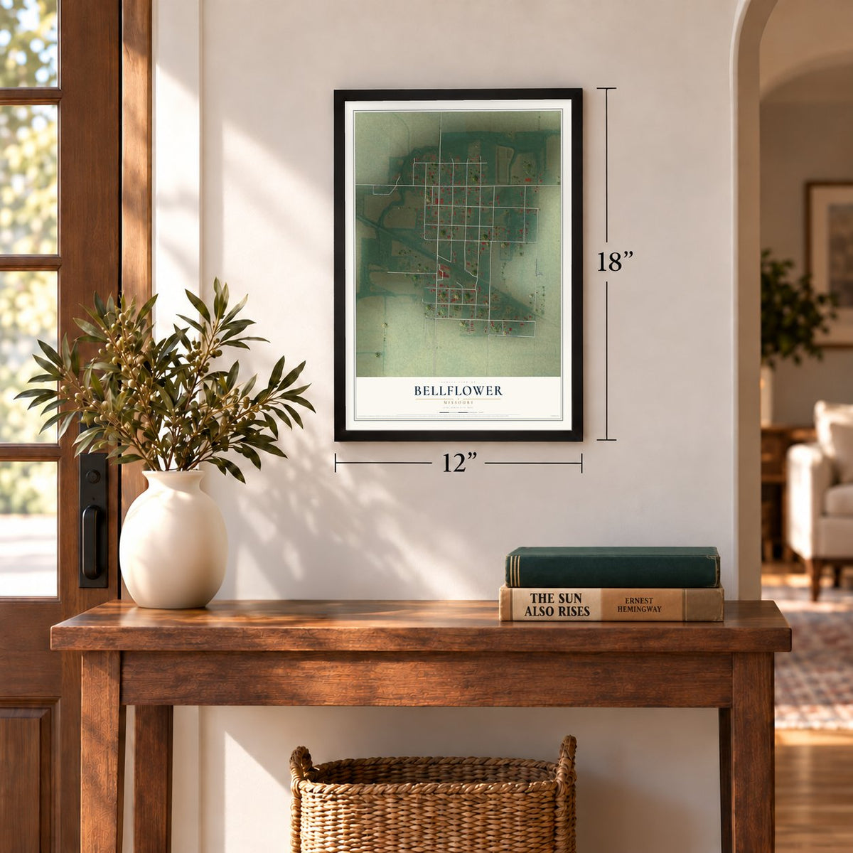 Bellflower, Missouri map, 12 x 18 inch print in a black frame in an entryway