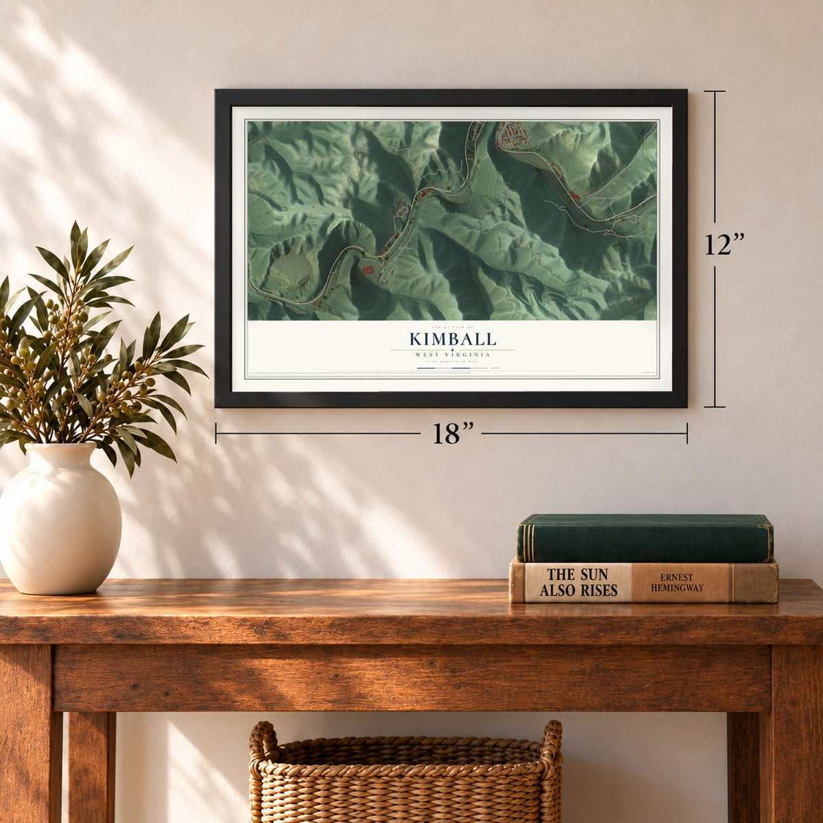 Kimball, West Virginia map, 12 x 18 inch print in a black frame in an entryway