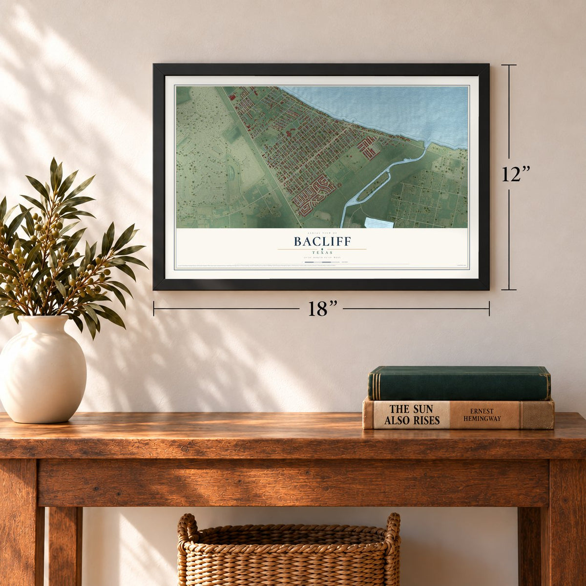 Bacliff, Texas map, 12 x 18 inch print in a black frame in an entryway