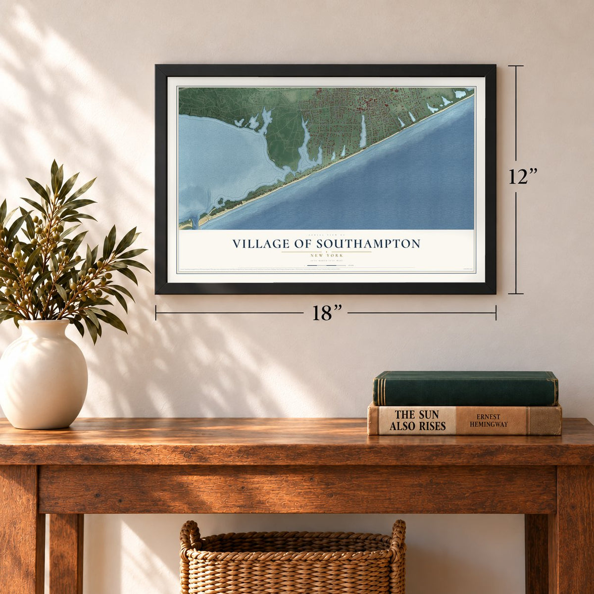 Village of Southampton, New York map, 12 x 18 inch print in a black frame in an entryway