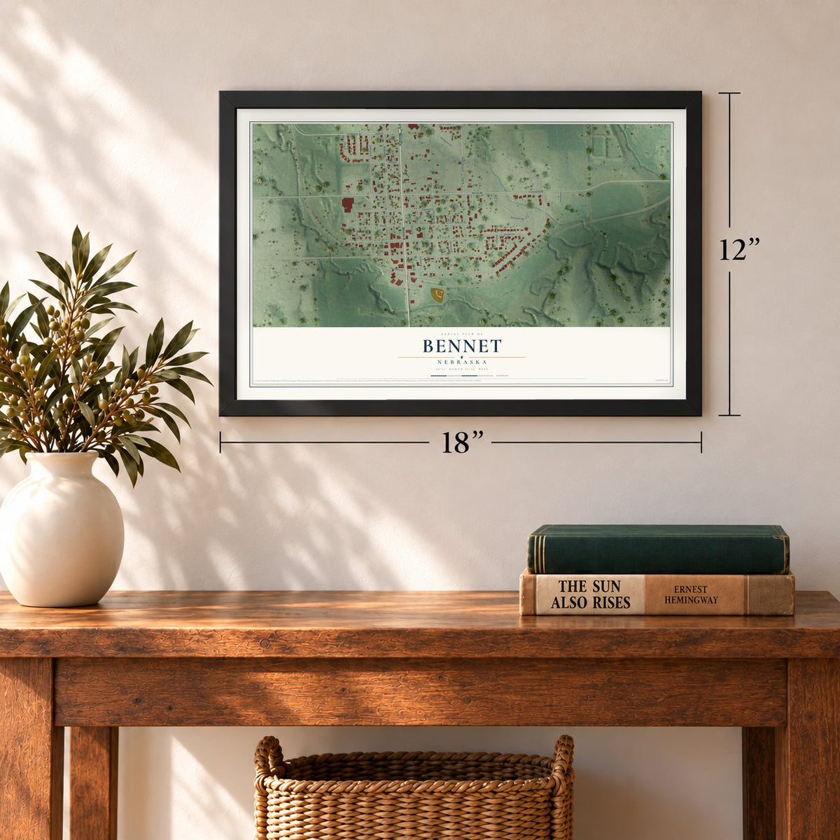 Bennet, Nebraska map, 12 x 18 inch print in a black frame in an entryway