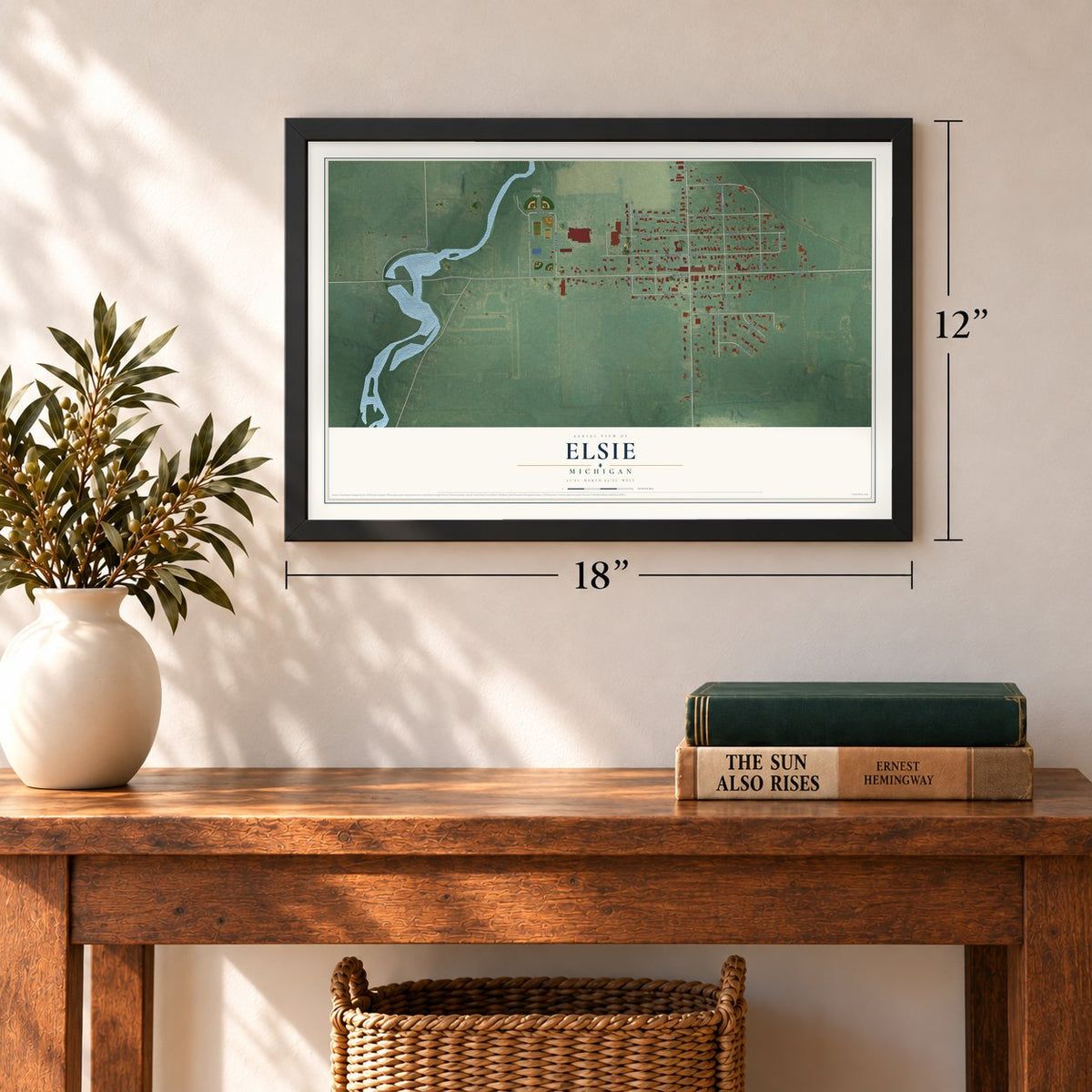 Elsie, Michigan map, 12 x 18 inch print in a black frame in an entryway