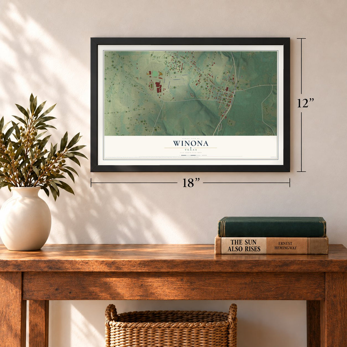 Winona, Texas map, 12 x 18 inch print in a black frame in an entryway