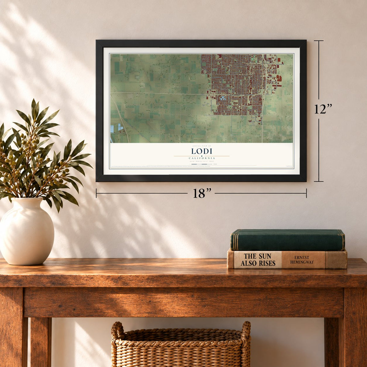 Lodi, California map, 12 x 18 inch print in a black frame in an entryway