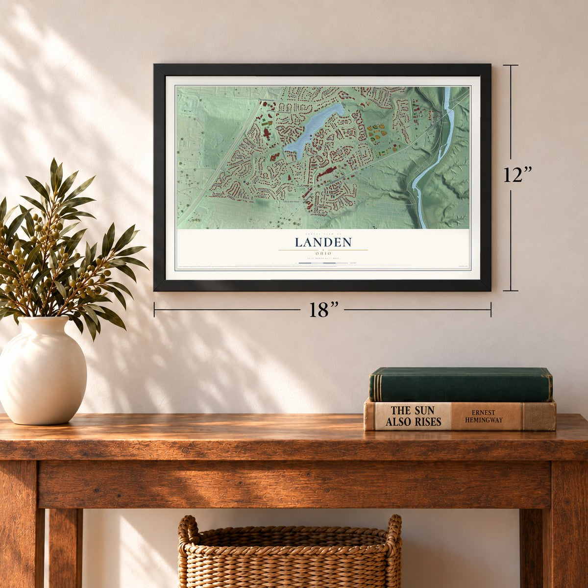 Landen, Ohio map, 12 x 18 inch print in a black frame in an entryway