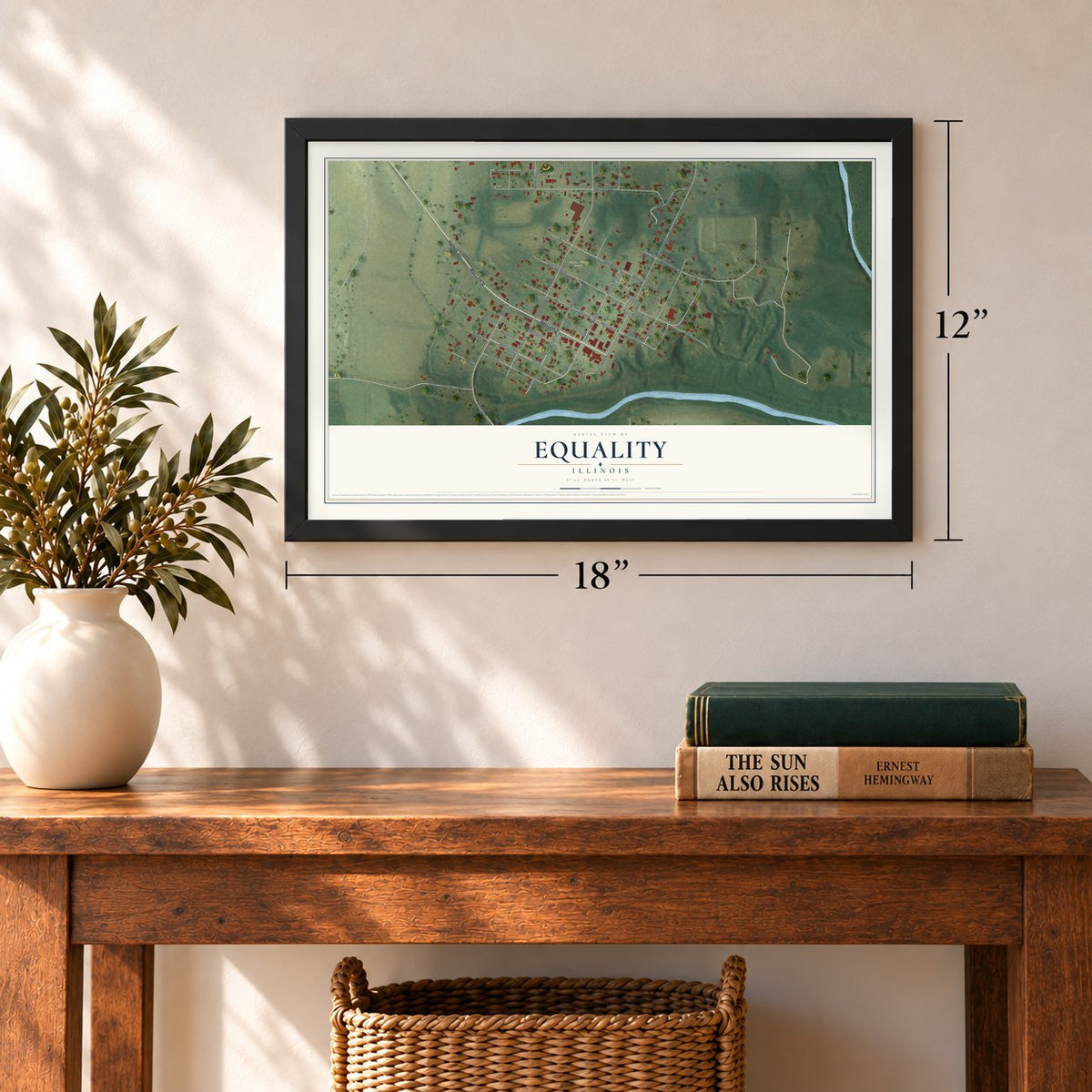 Equality, Illinois map, 12 x 18 inch print in a black frame in an entryway