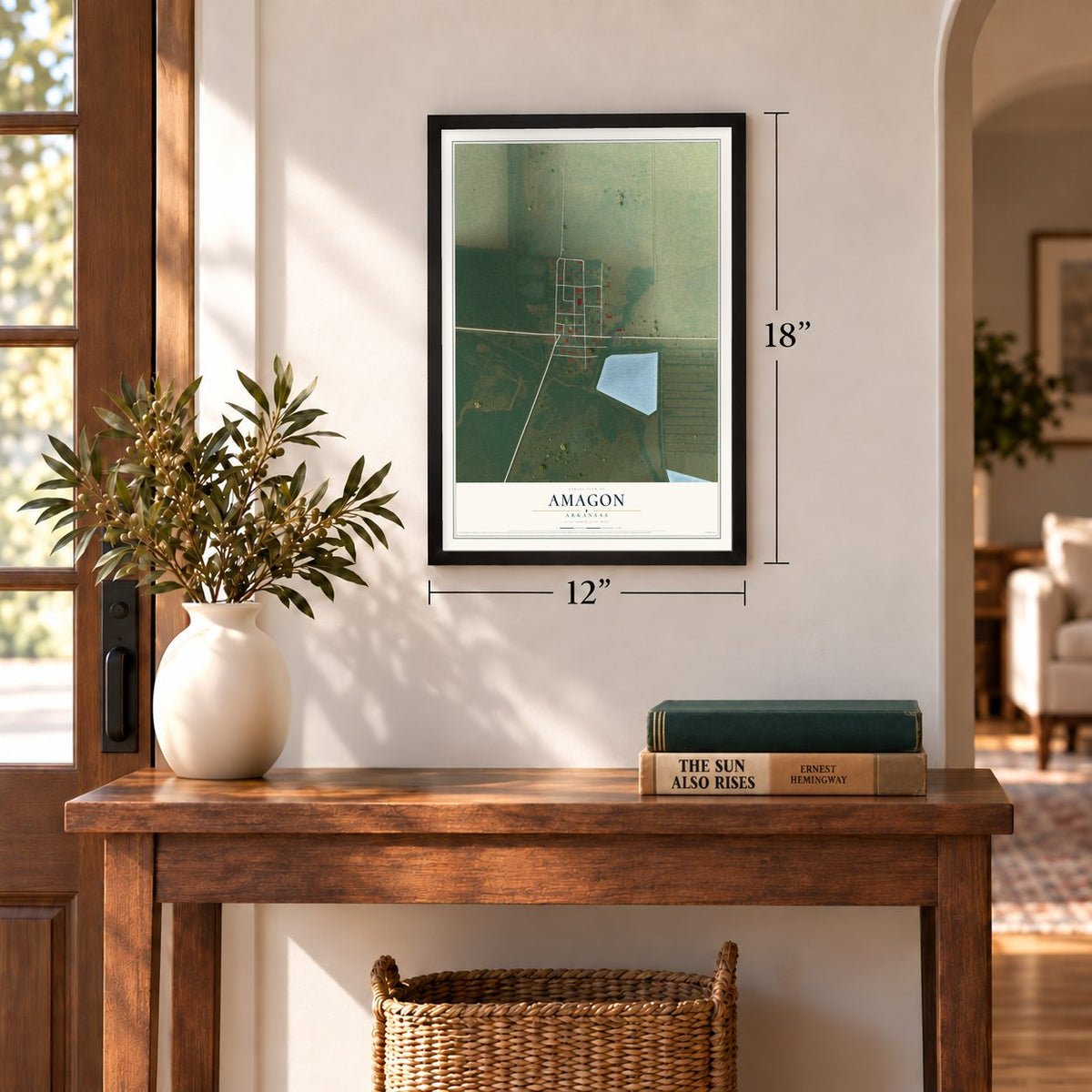 Amagon, Arkansas map, 12 x 18 inch print in a black frame in an entryway