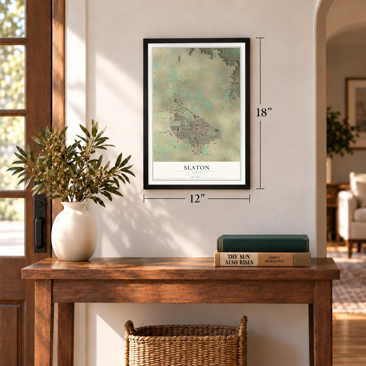 Slaton, Texas map, 12 x 18 inch print in a black frame in an entryway
