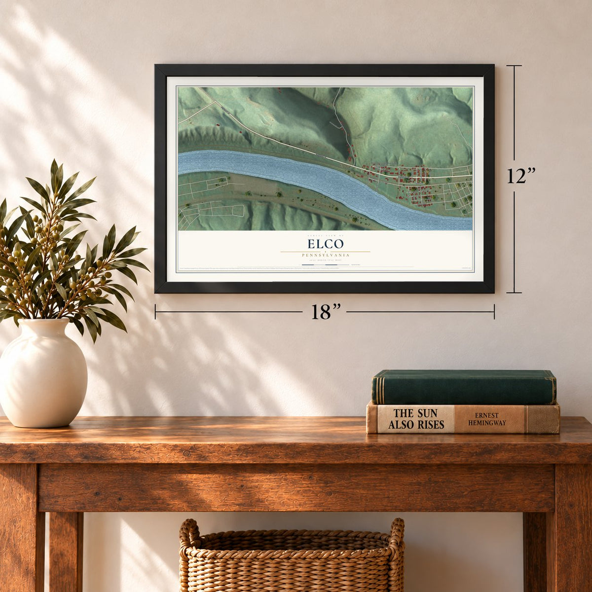 Elco, Pennsylvania map, 12 x 18 inch print in a black frame in an entryway
