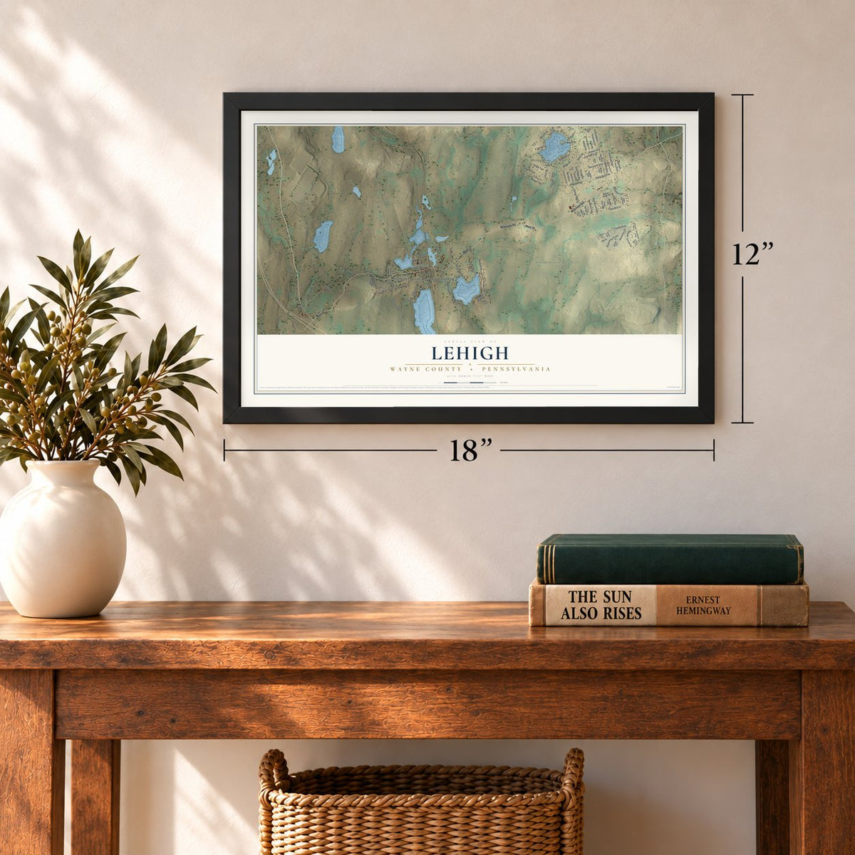Lehigh, Wayne County, Pennsylvania map, 12 x 18 inch print in a black frame in an entryway