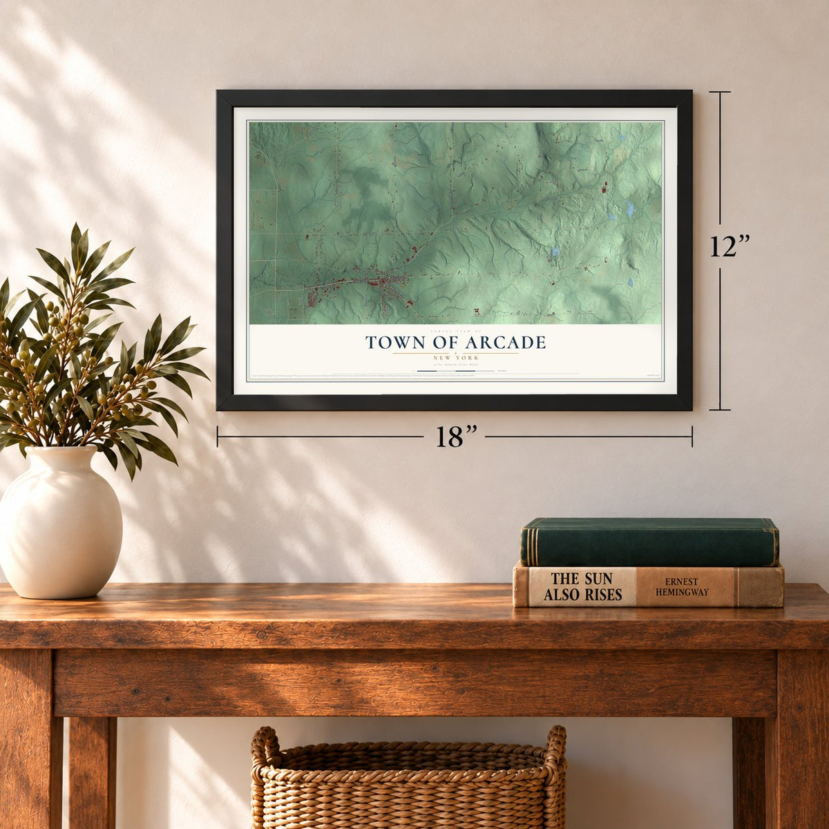 Town of Arcade, New York map, 12 x 18 inch print in a black frame in an entryway