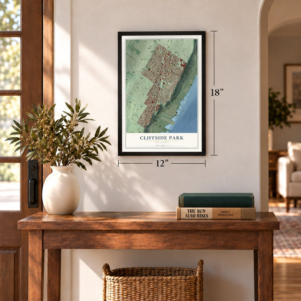 Cliffside Park, New Jersey map, 12 x 18 inch print in a black frame in an entryway