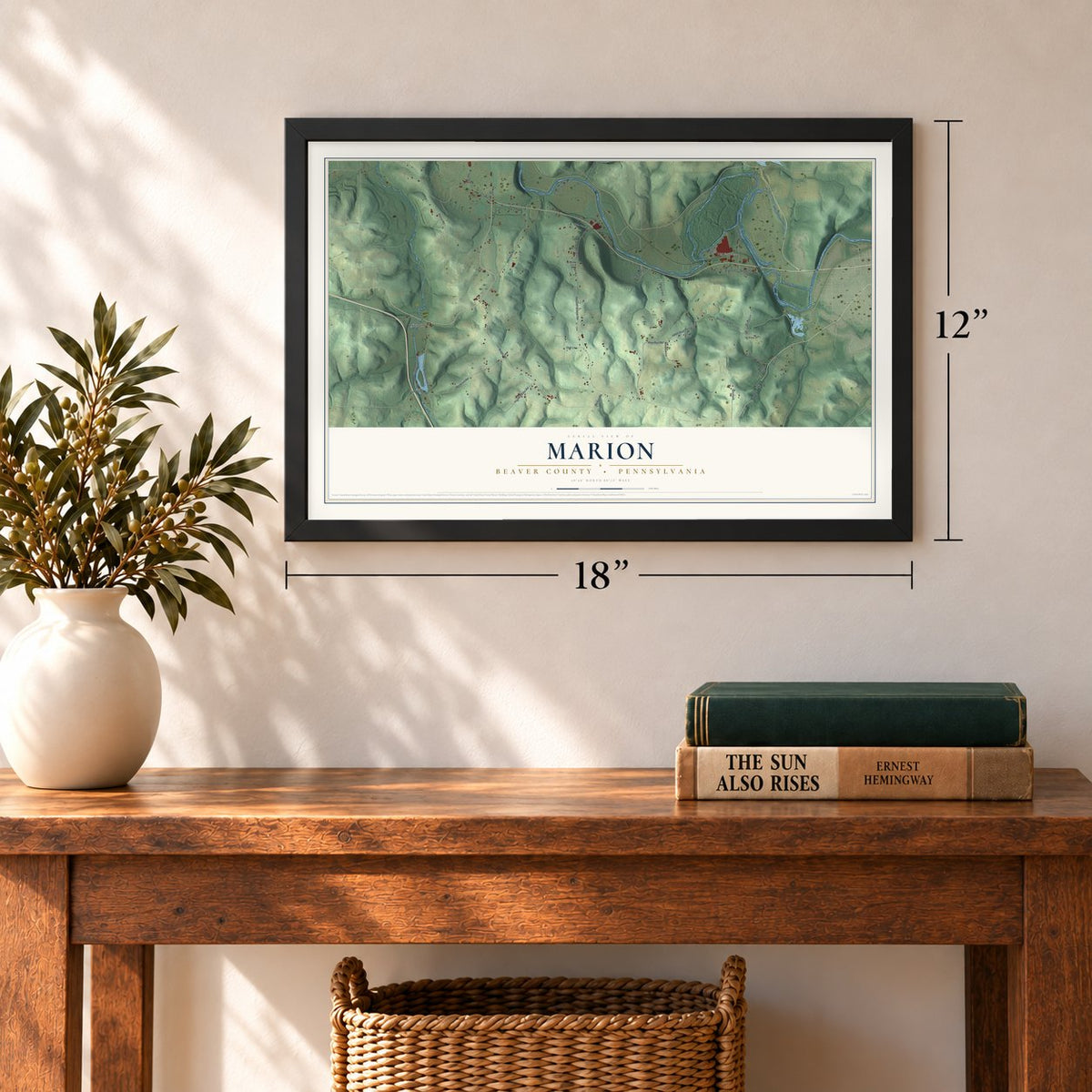 Marion, Beaver County, Pennsylvania map, 12 x 18 inch print in a black frame in an entryway