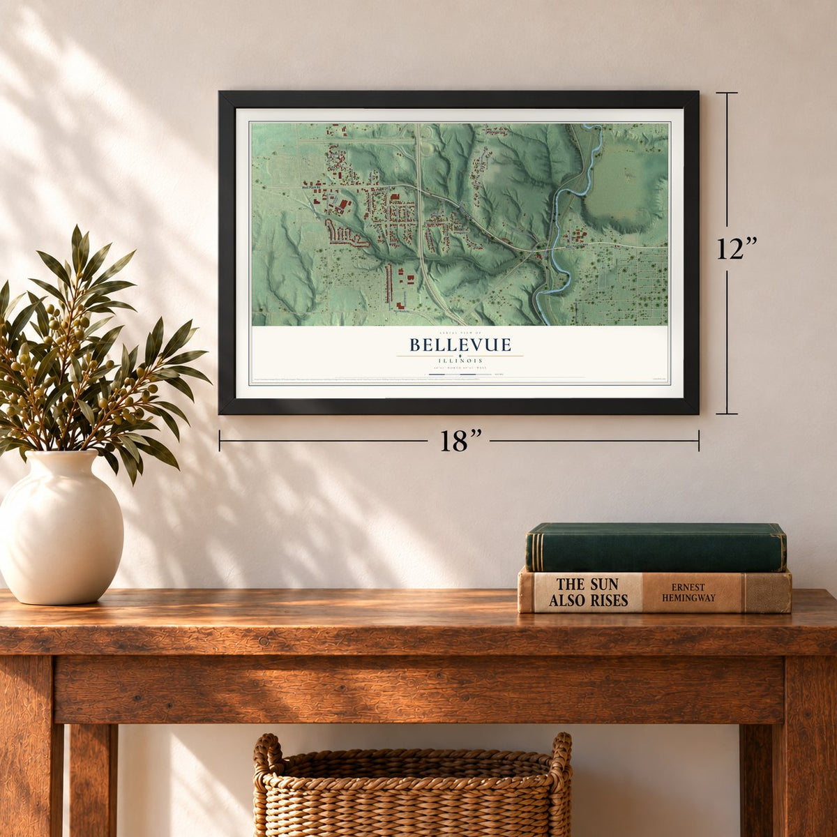 Bellevue, Illinois map, 12 x 18 inch print in a black frame in an entryway