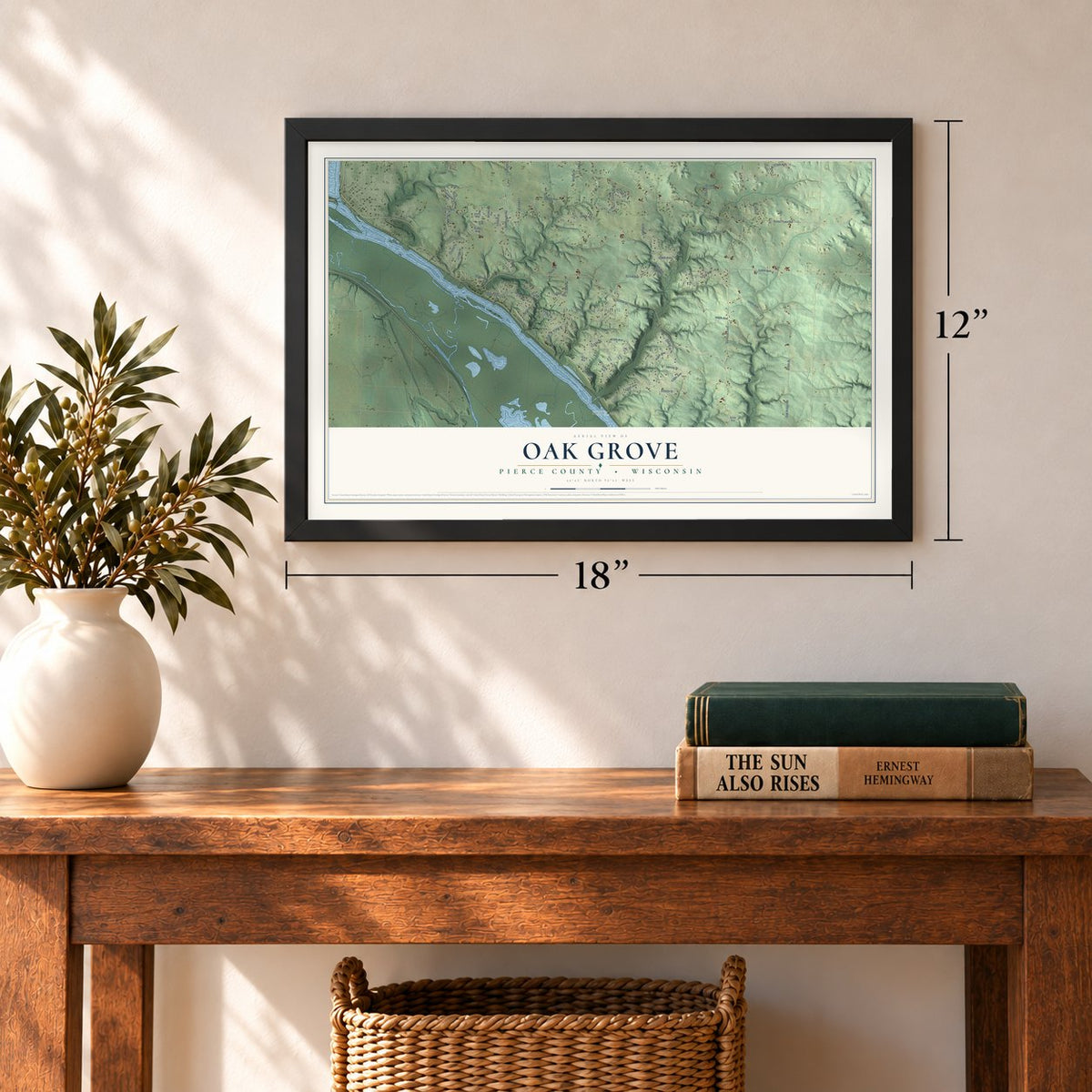 Oak Grove, Pierce County, Wisconsin map, 12 x 18 inch print in a black frame in an entryway