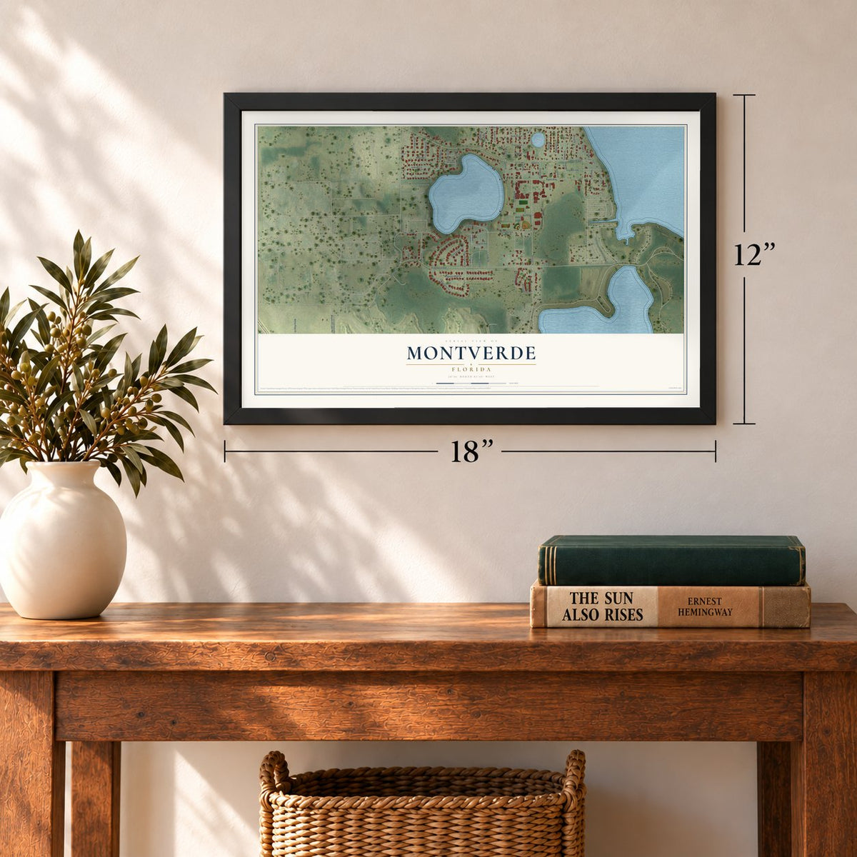 Montverde, Florida map, 12 x 18 inch print in a black frame in an entryway