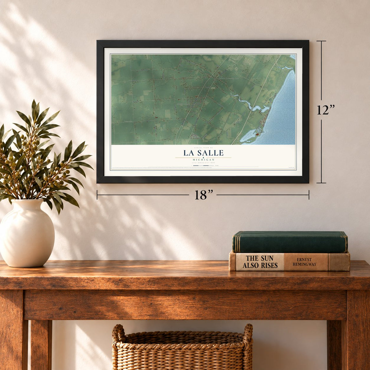 La Salle, Michigan map, 12 x 18 inch print in a black frame in an entryway
