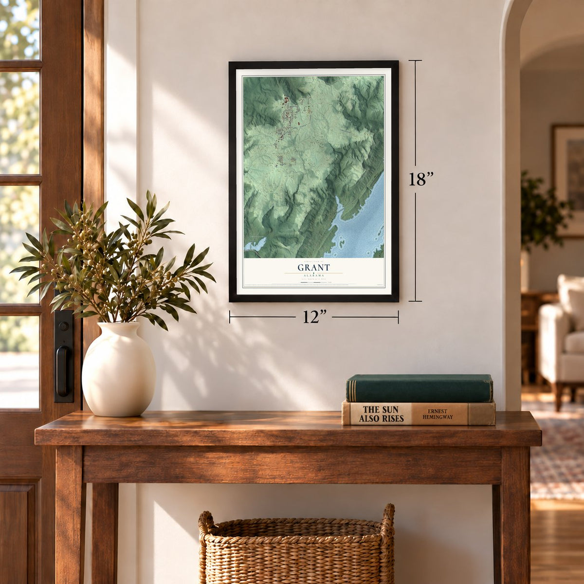Grant, Alabama map, 12 x 18 inch print in a black frame in an entryway