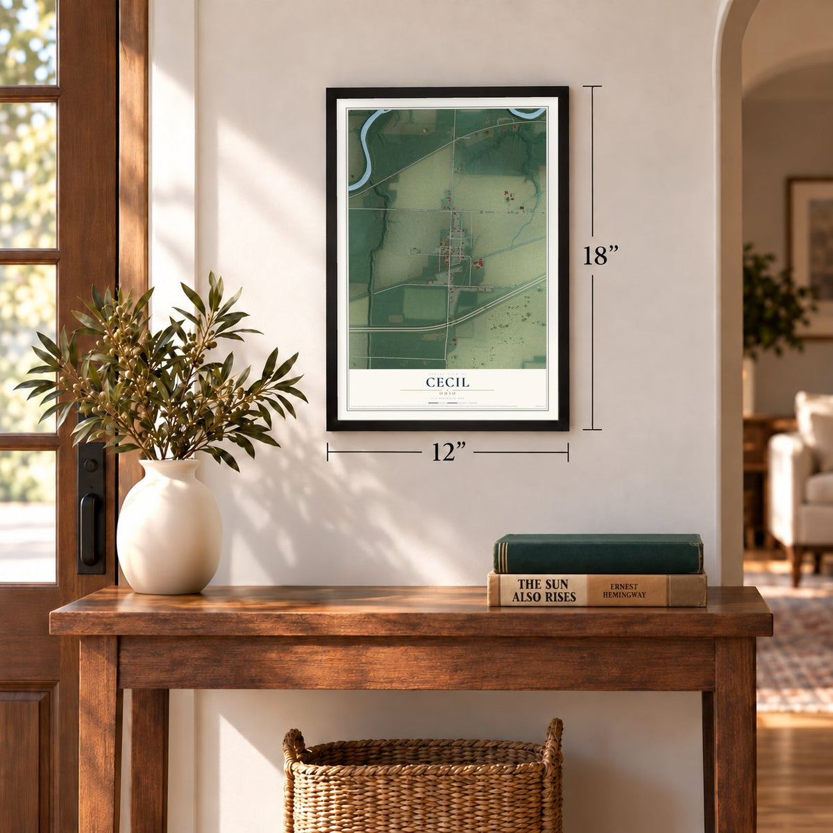 Cecil, Ohio map, 12 x 18 inch print in a black frame in an entryway