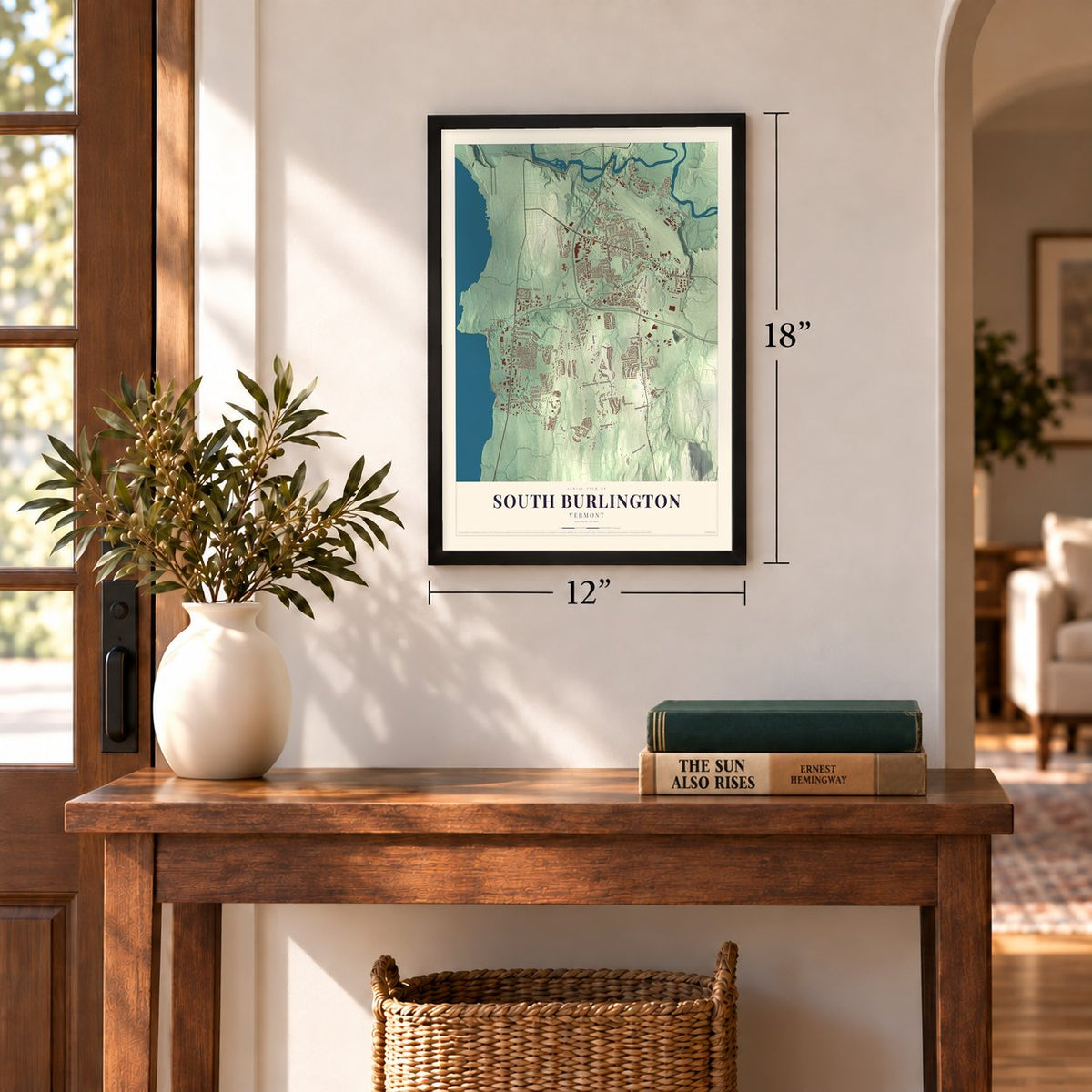 South Burlington, Vermont map, 12 x 18 inch print in a black frame in an entryway