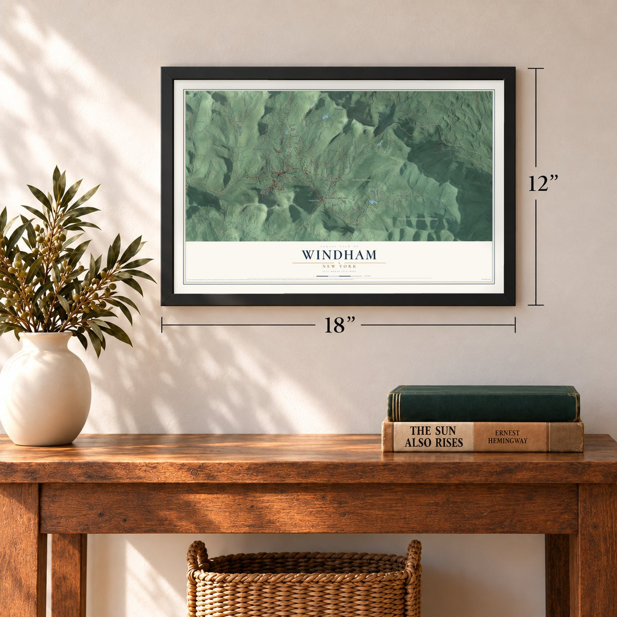Windham, New York map, 12 x 18 inch print in a black frame in an entryway