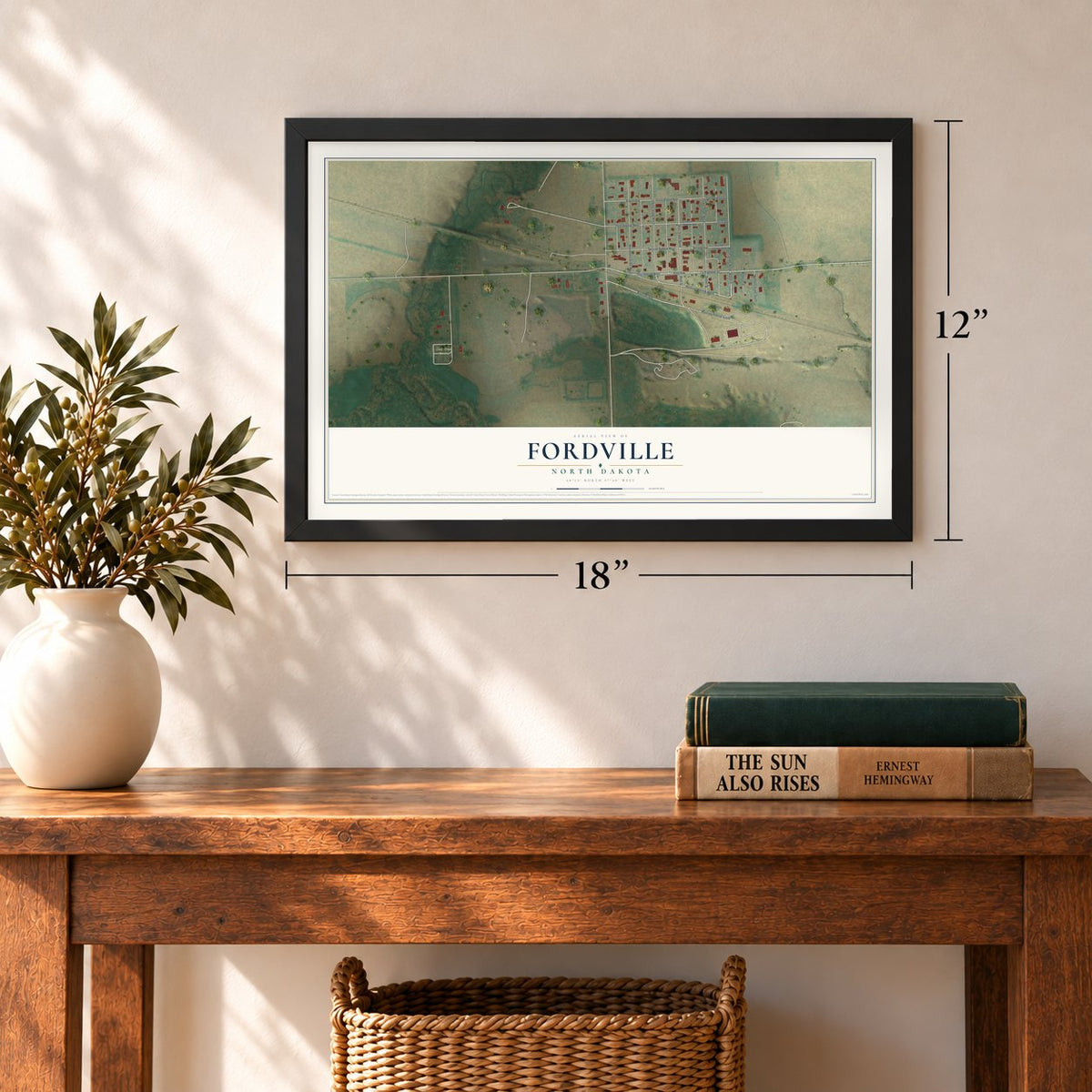Fordville, North Dakota map, 12 x 18 inch print in a black frame in an entryway
