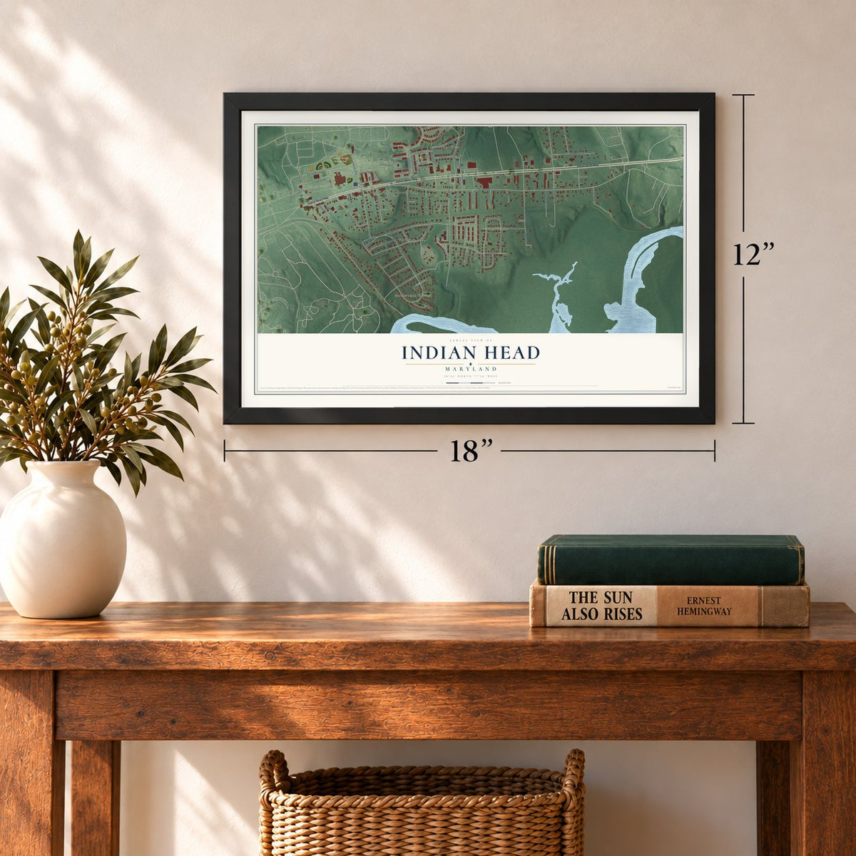 Indian Head, Maryland map, 12 x 18 inch print in a black frame in an entryway