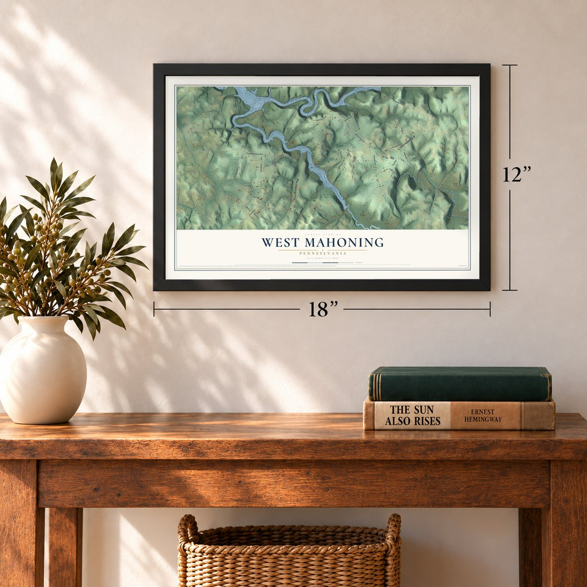West Mahoning, Pennsylvania map, 12 x 18 inch print in a black frame in an entryway
