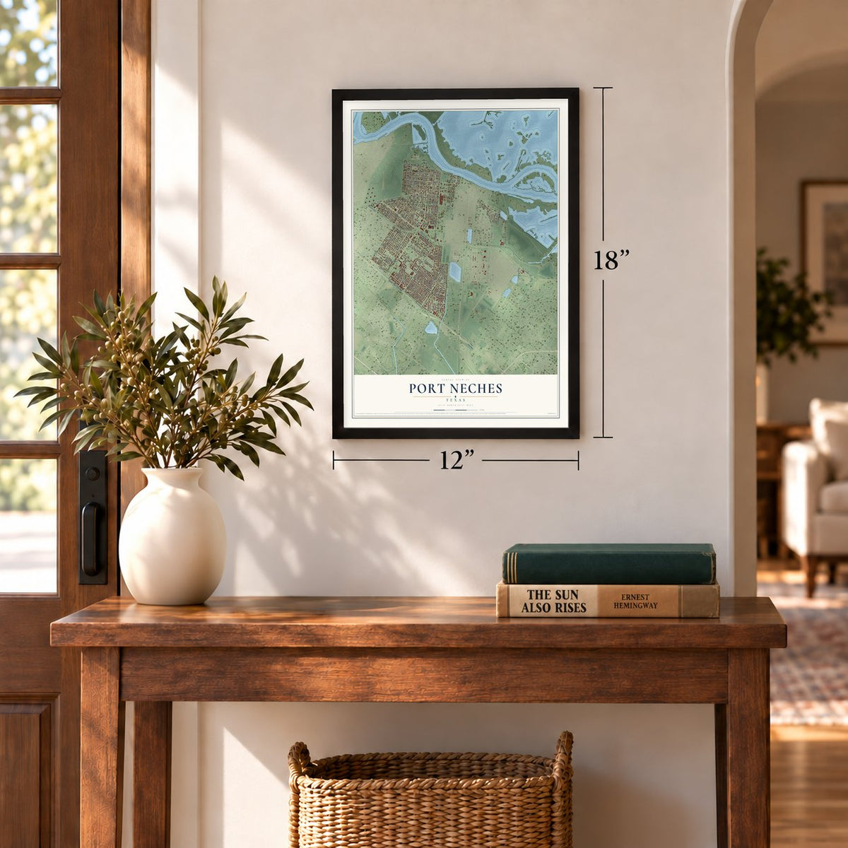 Port Neches, Texas map, 12 x 18 inch print in a black frame in an entryway