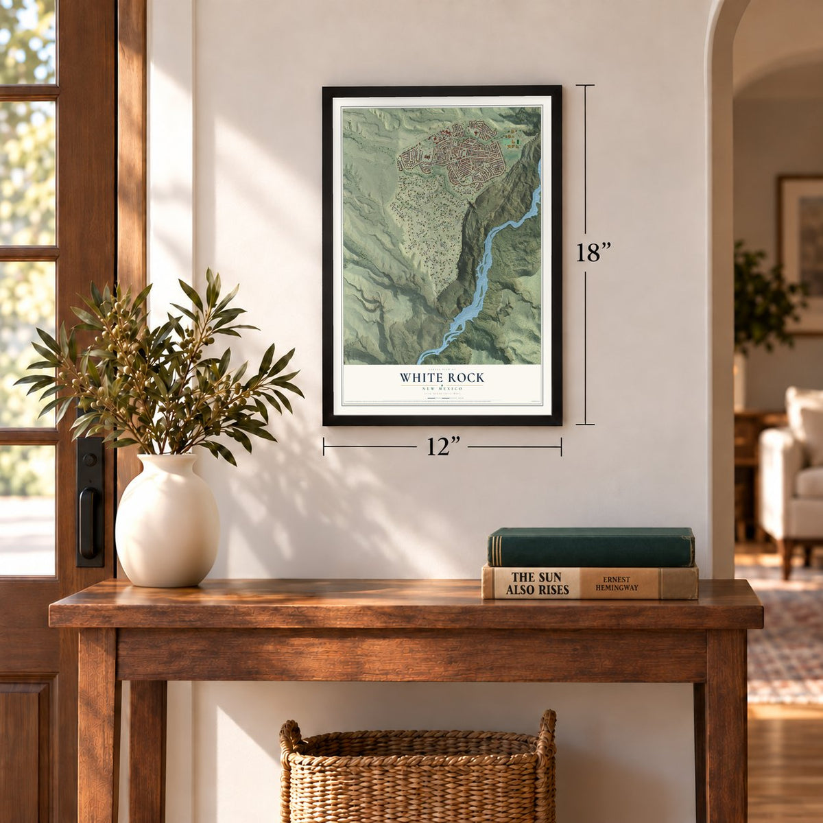 White Rock, New Mexico map, 12 x 18 inch print in a black frame in an entryway