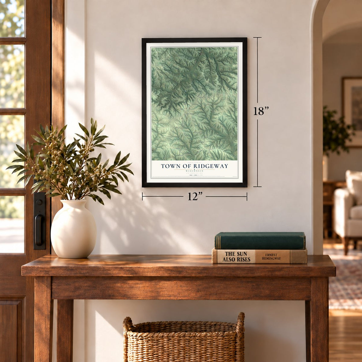 Town of Ridgeway, Wisconsin map, 12 x 18 inch print in a black frame in an entryway