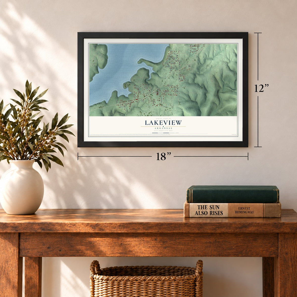 Lakeview, Arkansas map, 12 x 18 inch print in a black frame in an entryway