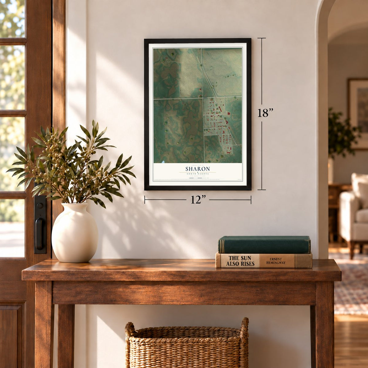 Sharon, North Dakota map, 12 x 18 inch print in a black frame in an entryway