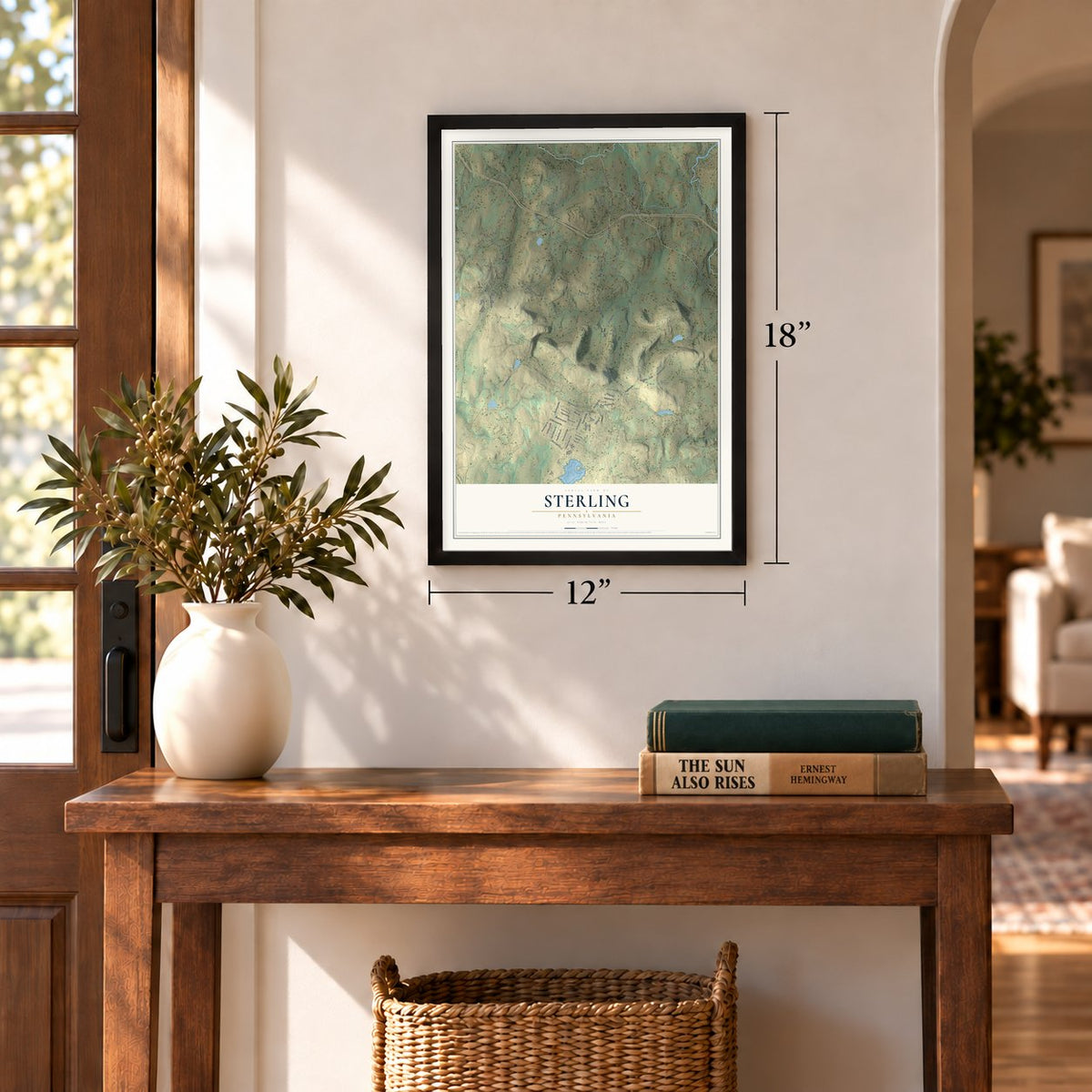Sterling, Pennsylvania map, 12 x 18 inch print in a black frame in an entryway