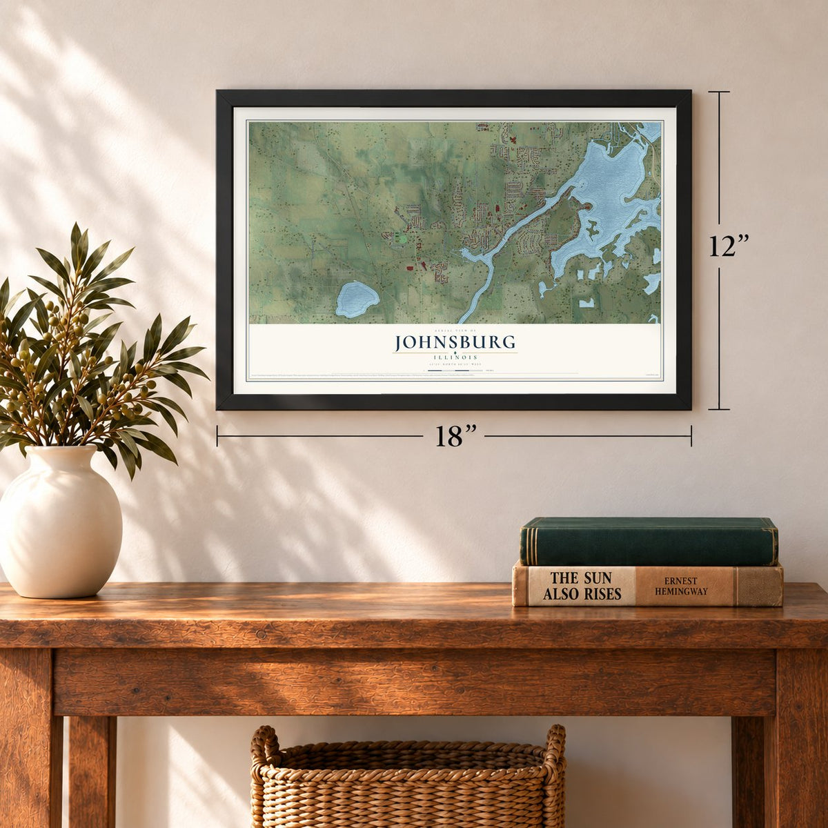 Johnsburg, Illinois map, 12 x 18 inch print in a black frame in an entryway