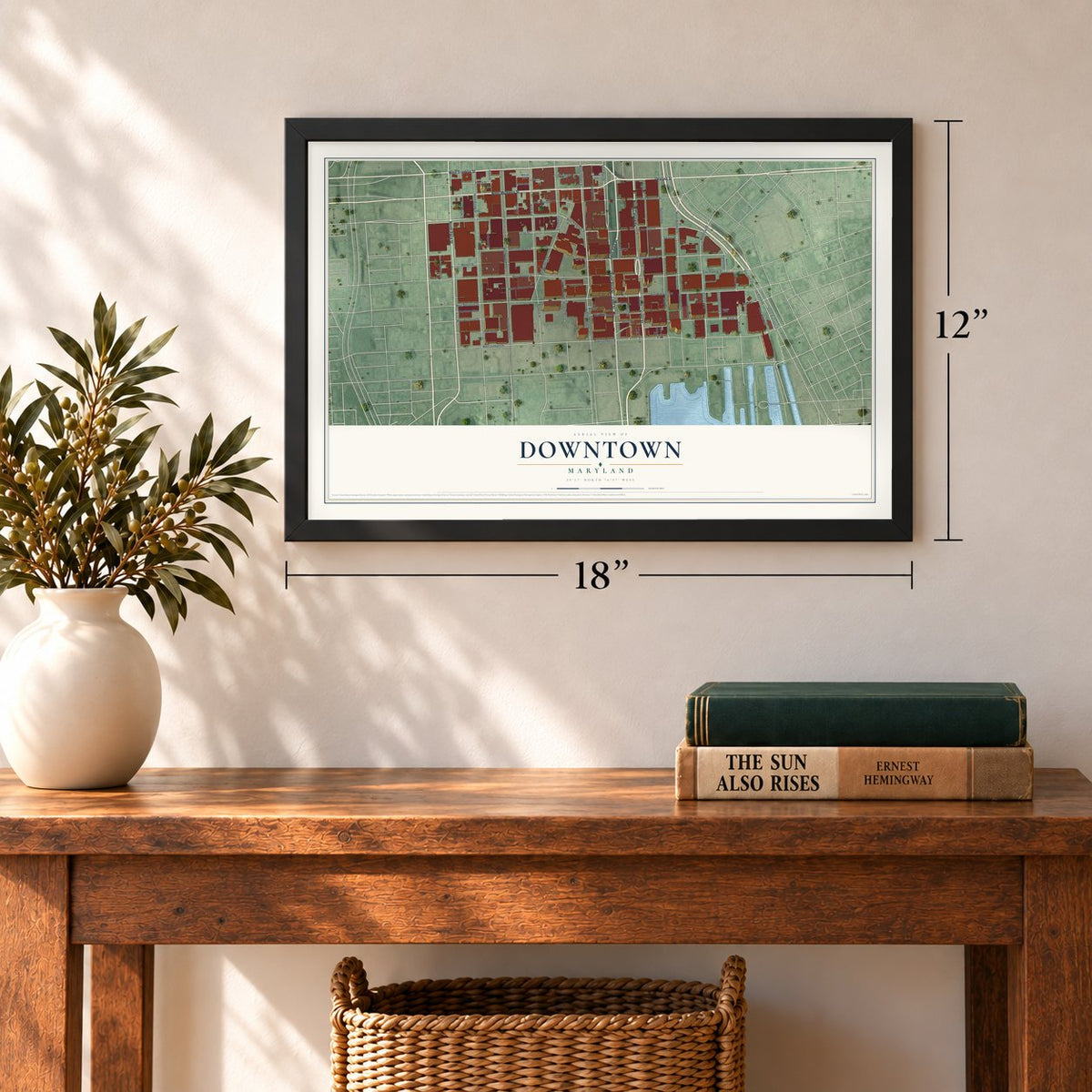 Downtown, Maryland map, 12 x 18 inch print in a black frame in an entryway