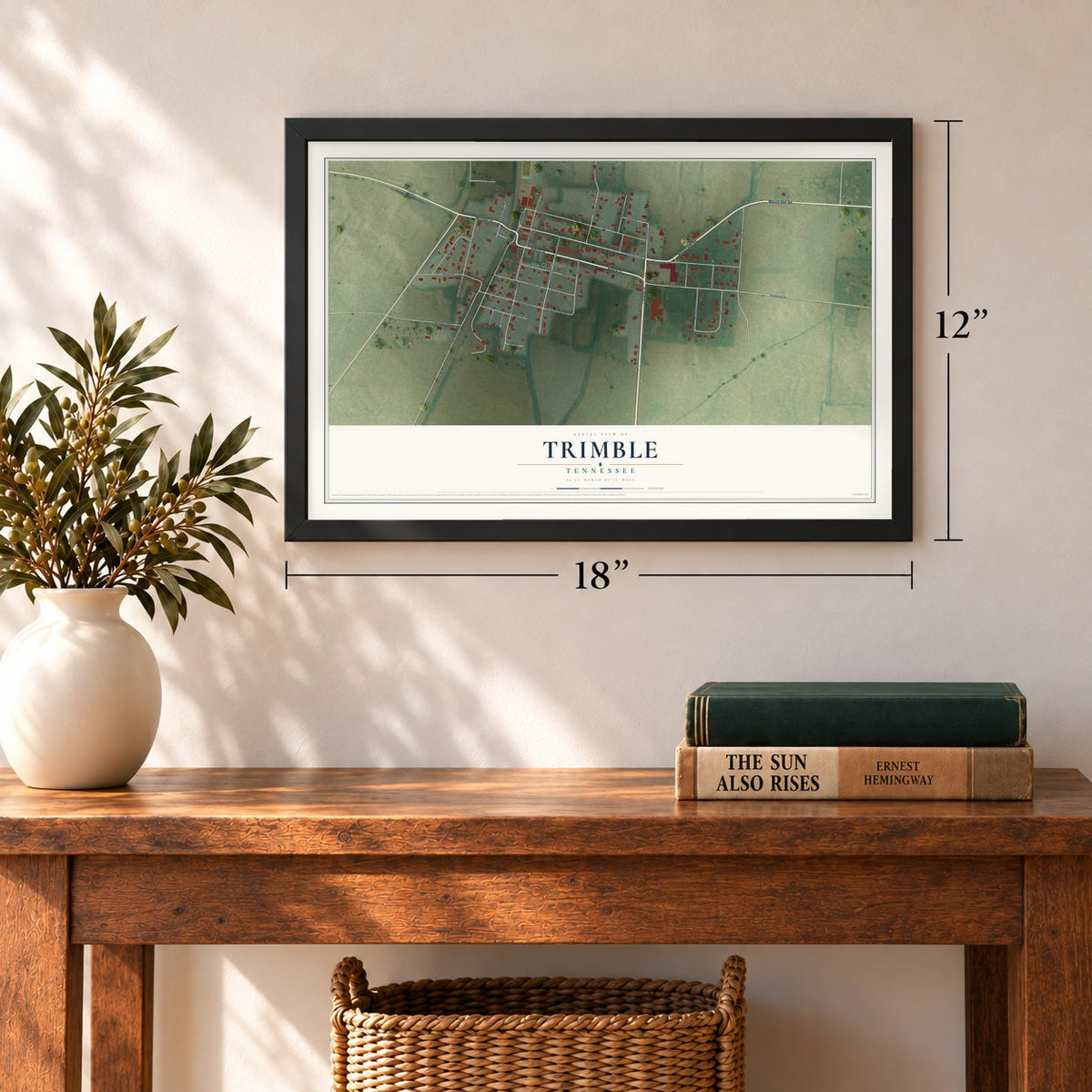 Trimble, Tennessee map, 12 x 18 inch print in a black frame in an entryway