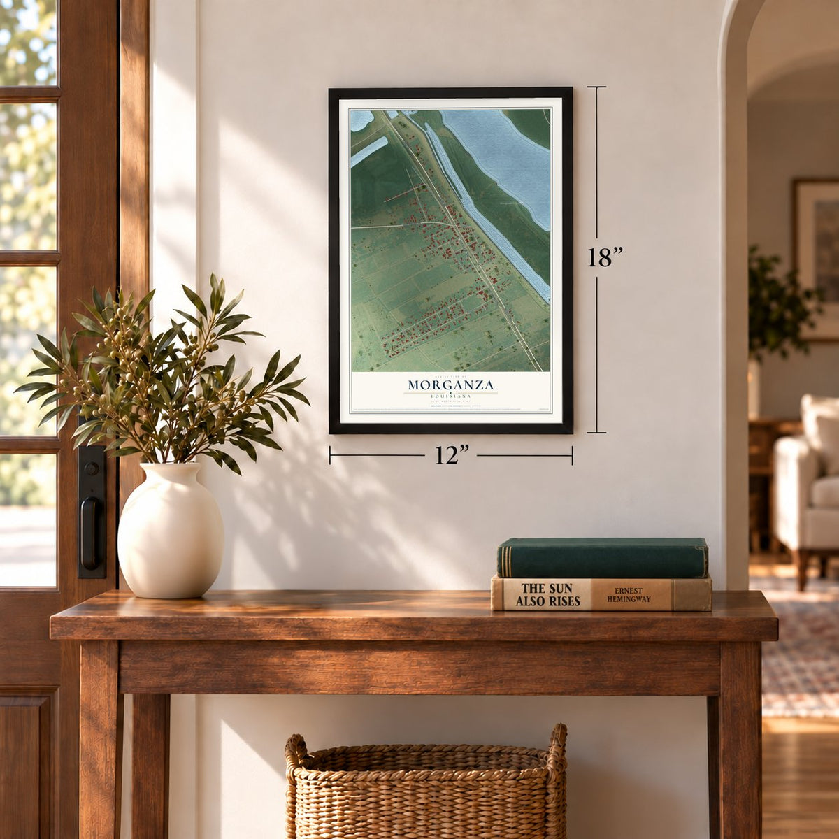 Morganza, Louisiana map, 12 x 18 inch print in a black frame in an entryway
