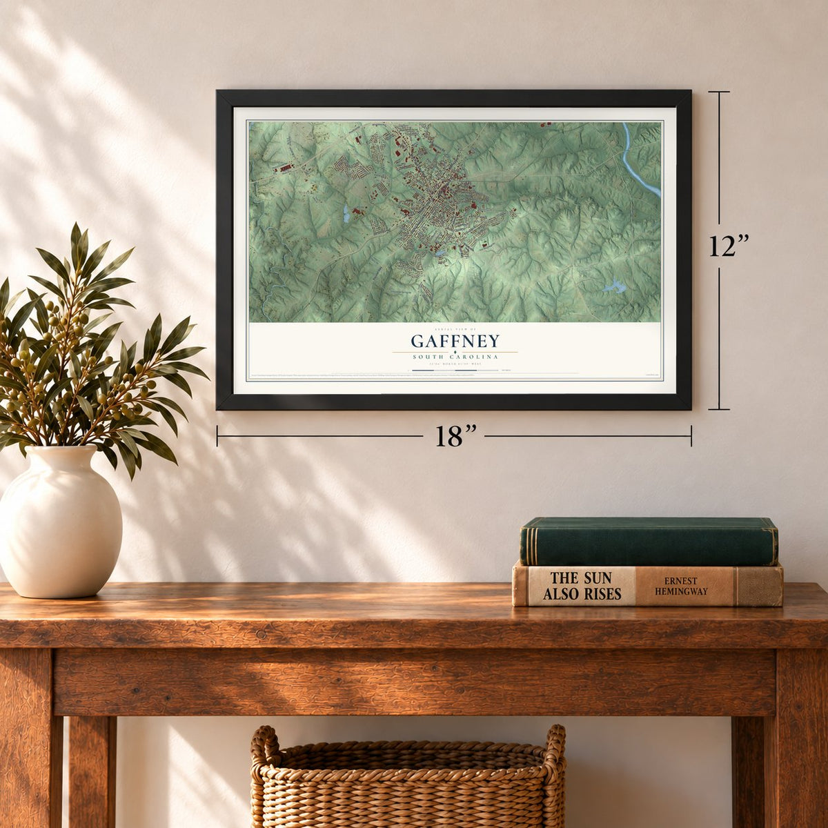 Gaffney, South Carolina map, 12 x 18 inch print in a black frame in an entryway