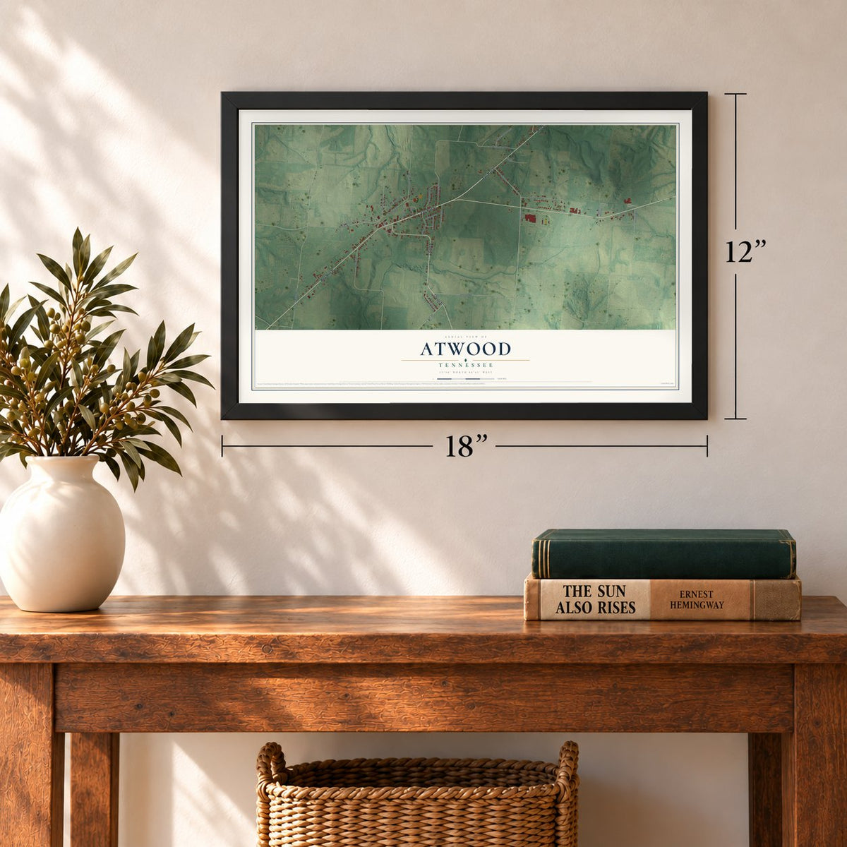 Atwood, Tennessee map, 12 x 18 inch print in a black frame in an entryway
