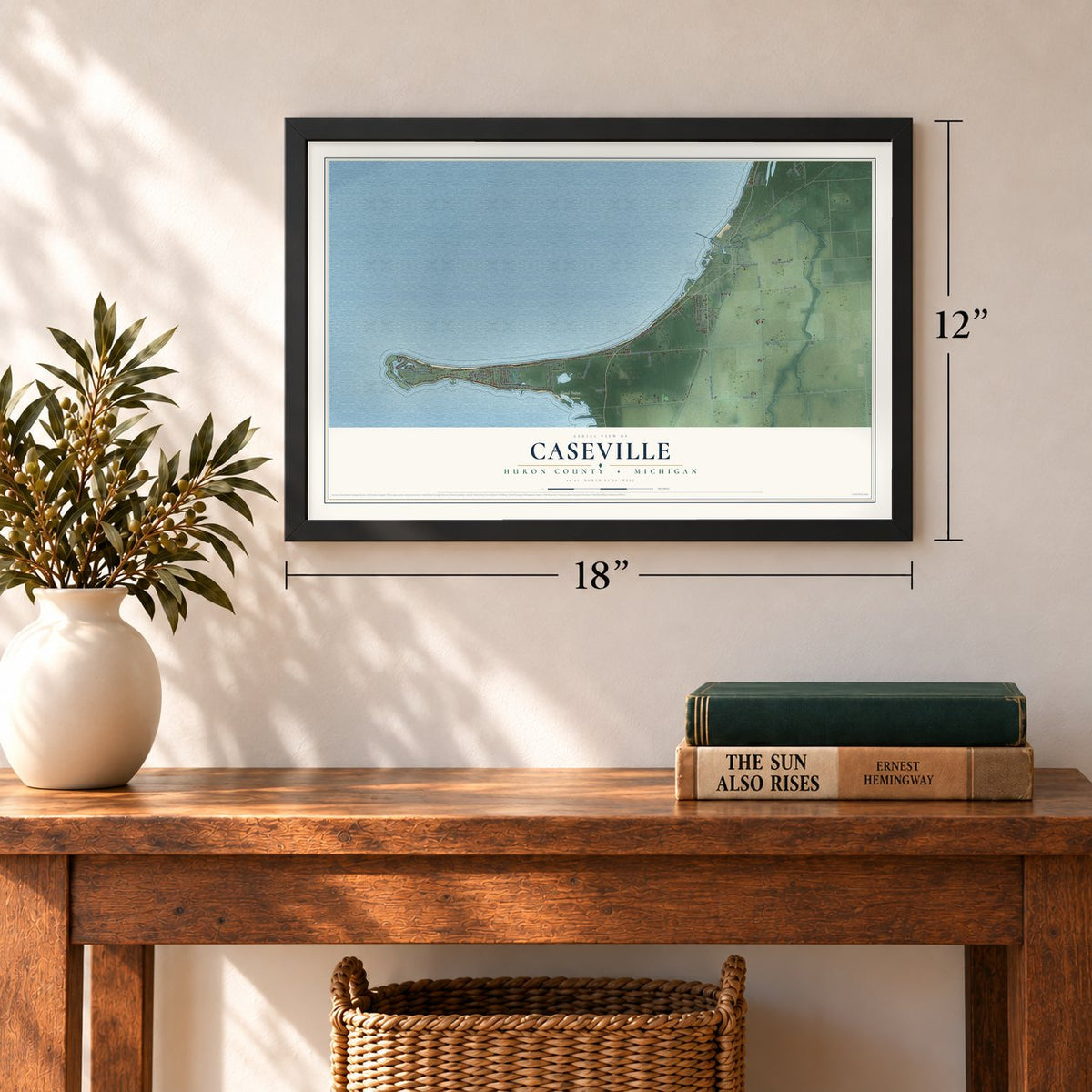 Caseville, Huron County, Michigan map, 12 x 18 inch print in a black frame in an entryway