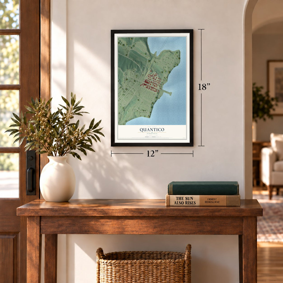 Quantico, Virginia map, 12 x 18 inch print in a black frame in an entryway