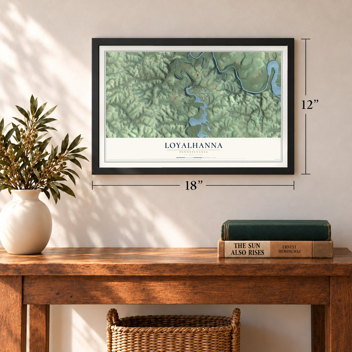 Loyalhanna, Pennsylvania map, 12 x 18 inch print in a black frame in an entryway