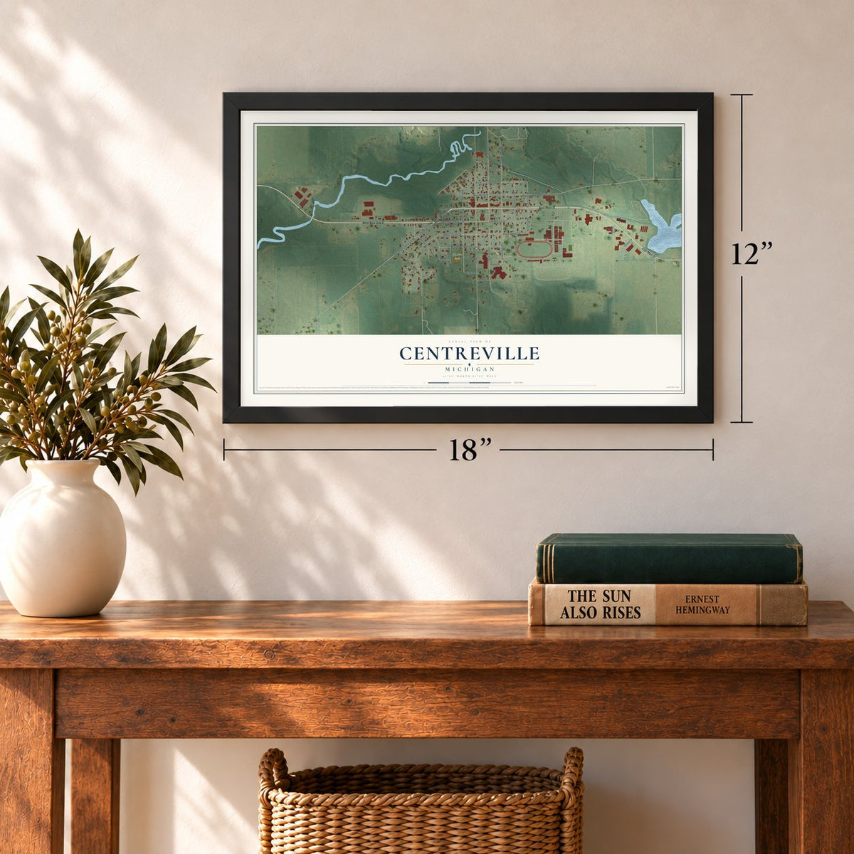Centreville, Michigan map, 12 x 18 inch print in a black frame in an entryway