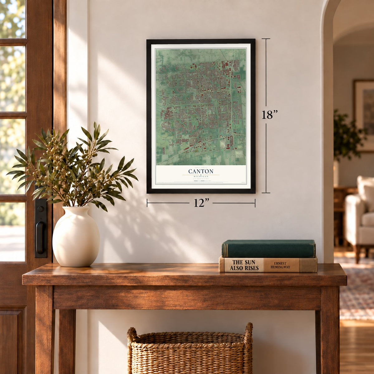 Canton, Michigan map, 12 x 18 inch print in a black frame in an entryway